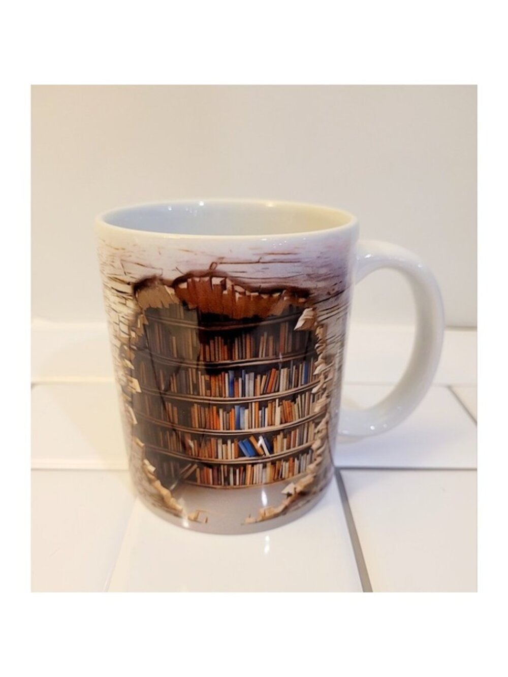 3D Hole in the Wall Coffee Mug Cup Library Bookshelf  Scene 11 oz